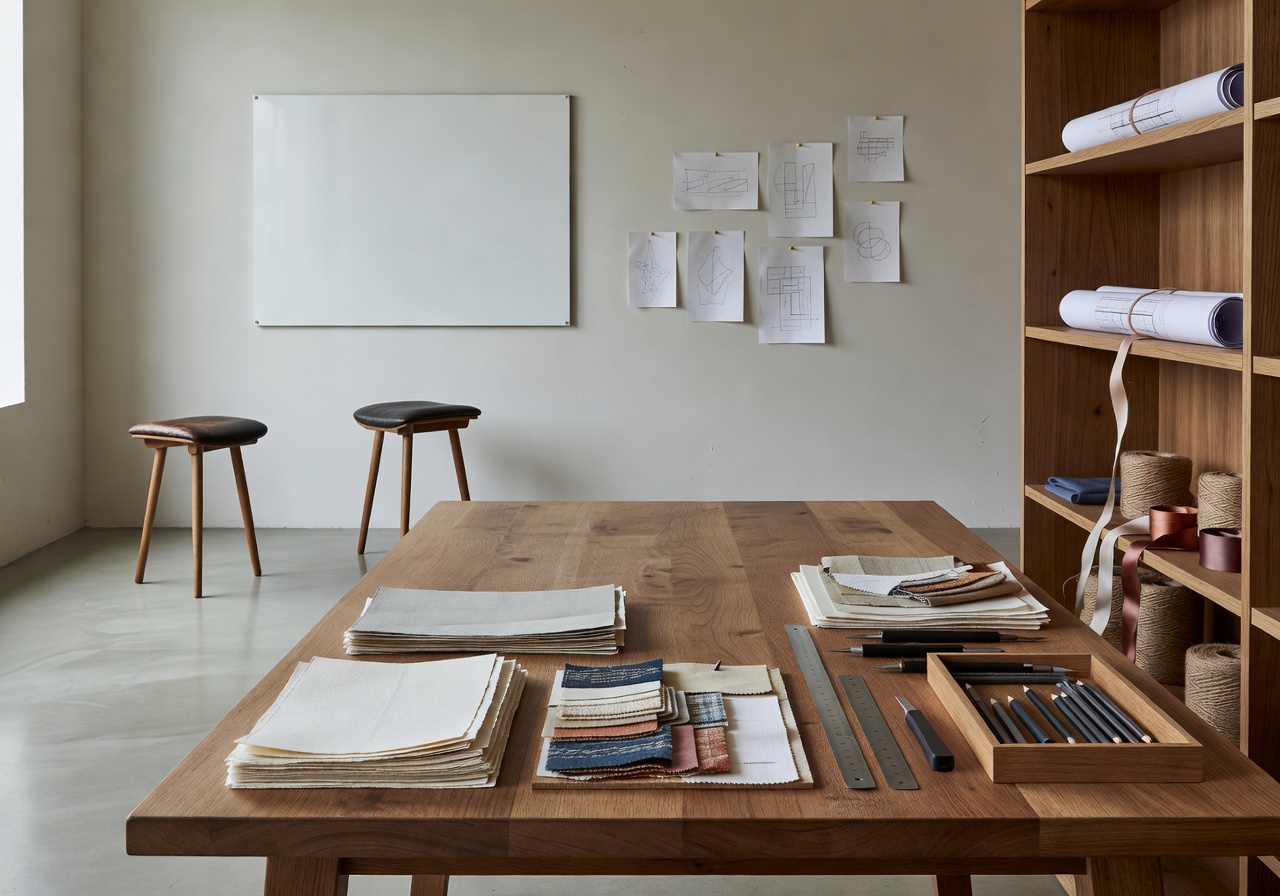 Auravia design studio workspace and materials