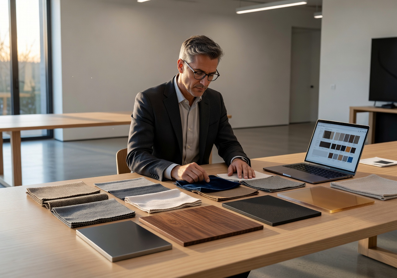 Auravia Lead Designer reviewing material palettes